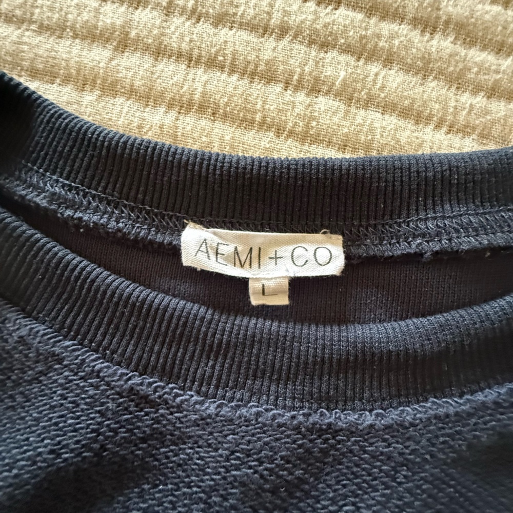 Aemi+Co Women's Navy Stripe Crewneck with Tan and Cream Bands - Picture 7 of 7